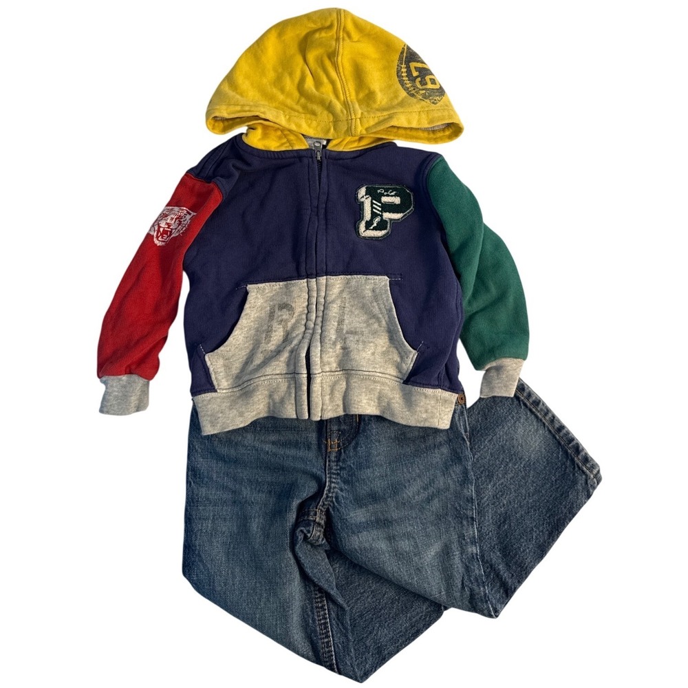 Polo Ralph Lauren Full Zip ColorBlock Hoodie Sweatshirt Denim Jeans Outfit 18m